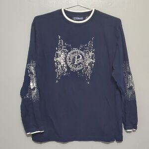 Paco Denim Company Mens Dark Blue Graphic Long Sleeve Tee Embroidered Size XL